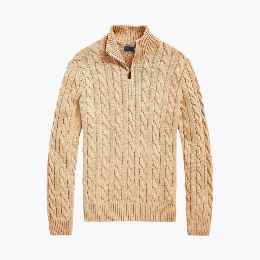 Grobstrick Baumwoll-Pullover Mit Zopfmuster Und Viertel-Reißverschluss