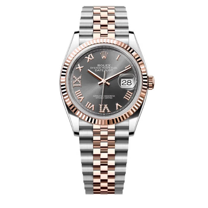 Datejust 126231 - Dunkel Rhodium Zifferblatt, Geriffelte Lünette, 36mm